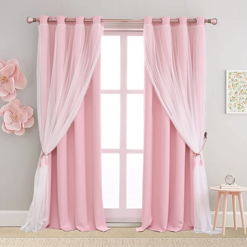 SOFJAGETQ Double Layer Curtains - 90 Inch Length, Mix and Match Pink Blackout with White Sheer Voile for Bedroom and Living Room, Light Blocking, 52 x 90 inch