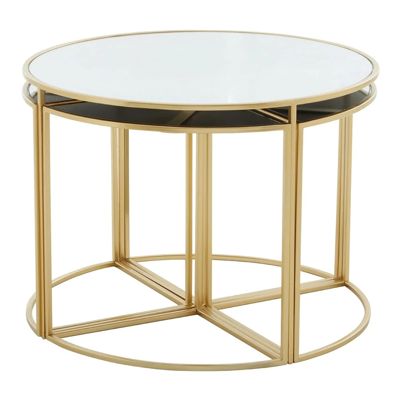 Premier Housewares Five Piece Nesting Tables Set With Mirrored Top and Gold Frames/Nest Of Tables/Glass Table/Coffee Tables/Brass Glass/Mosaic Garden Table Dimensions W63 x D63 x H45cm.