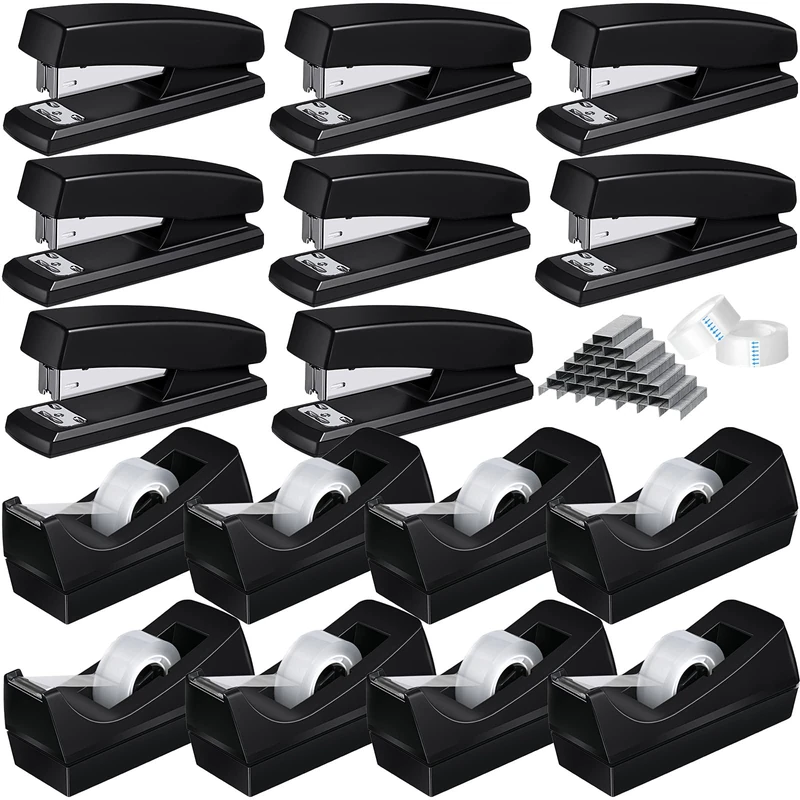 Desk Staplers Tape Dispensers Sets Staplers for Desk Office Stapler with Standard Staples Black Tape Holder Desktop Tape Dispenser with White Tape for Office School (16 Pieces)