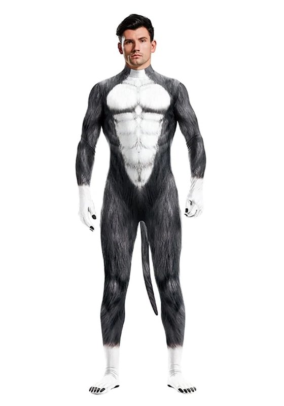 Bemeiren Animal Bodysuit with Big Tail for Men Women Print Furry Jumpsuit Costume Catsuit Halloween Theme Cosplay Party, Wolf, X-Large