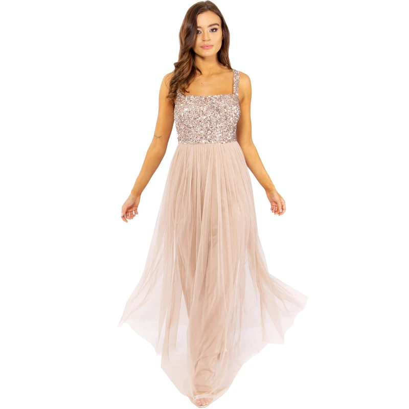 Maya Deluxe Women's Ladies Maxi Dress Wide Straps Sleevless Square Neckline Embellished for Wedding Guest Prom Bridesmaid, Taupe Blush, 20