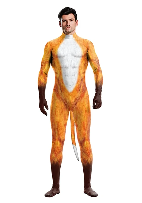Bemeiren Cosplay Zentai Bodysuit for men Animal print with tail halloween Party furry catsuit fox