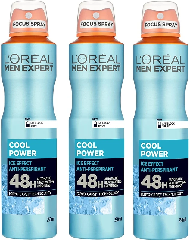 L'Oréal Men Expert Cool Power 48H Anti-Perspirant Ice Effect Gents Deodorant Body Spray 150ml 3 Pack