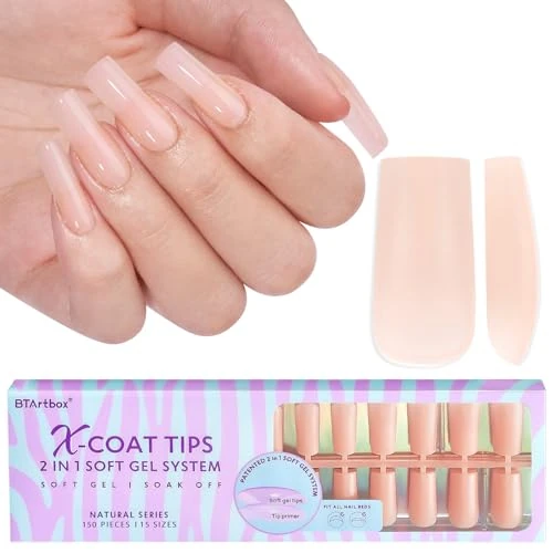 BTArtbox Gel Nail Tips Short Pre Colored 2 in 1 Neutral X-coat Tips with Tip Primer Cover, Soak Off Press On Nails Nail Extension (Long Square)