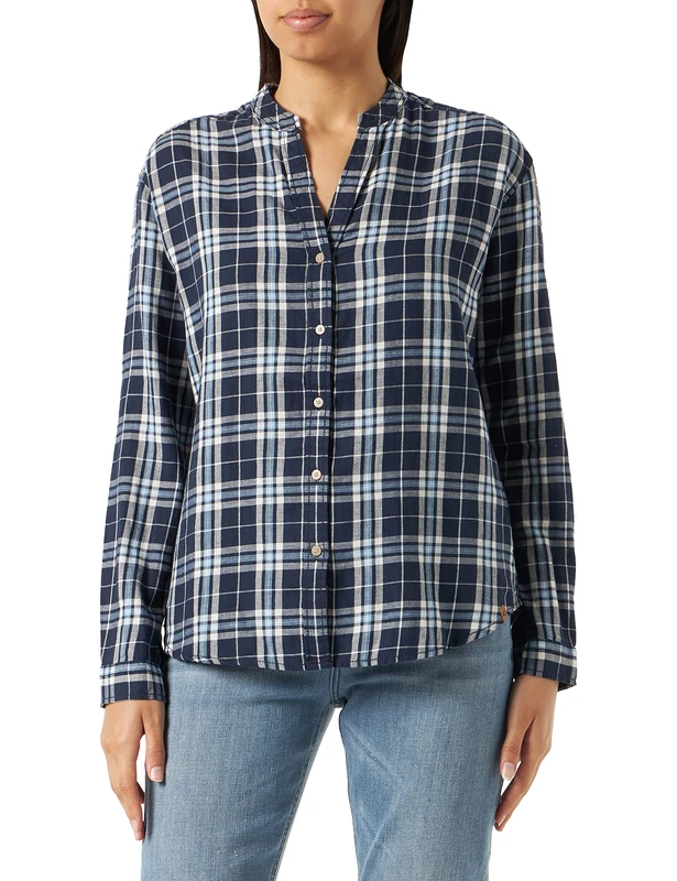 camel active Women's Checked Blouse with Crew Neck, Blue, M