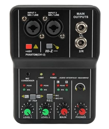 Fockety Mini 2-Channel USB Audio Mixer - 48V Phantom, 16bit 48kHz