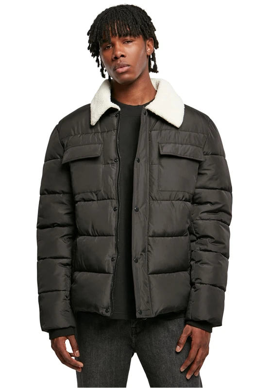 Urban Classics Men's Sherpa Collar Padded Shirt Jacket, Black, S
