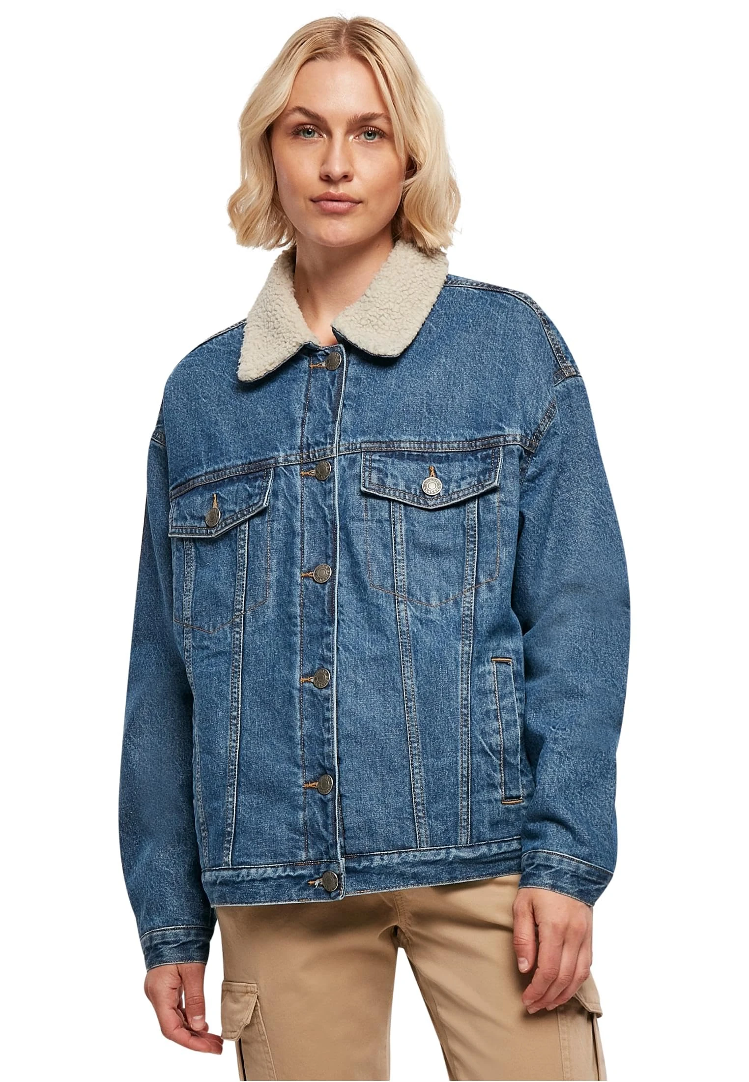Urban Classics Women's Ladies Oversized Sherpa Denim Jacket, Clearblue Washed, S