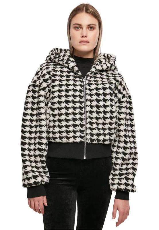 Urban Classics Women's Ladies Short Oversized AOP Sherpa Jacket, blackhoundstooth, XXXL