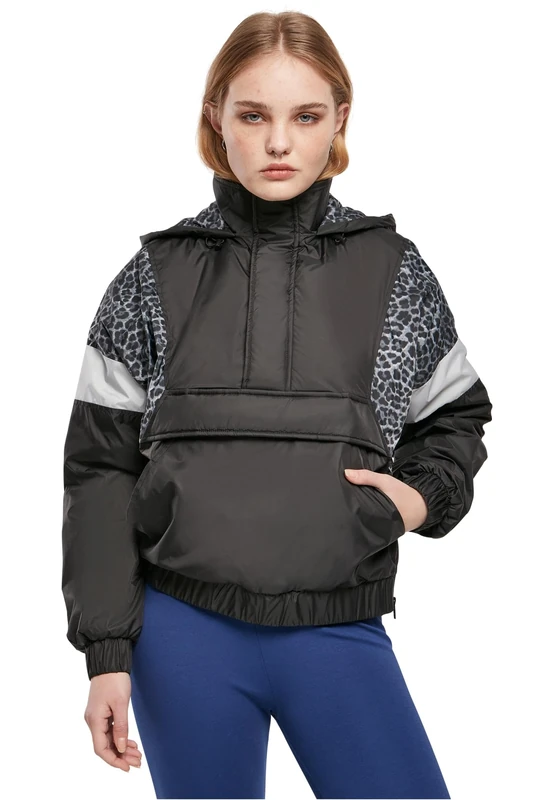 Urban Classics Women's Jacket Leo Pull Over Jacket with Animal Print, Zip and Bum Pocket, Sizes XS to 5XL, Black/Snowleo/Light Asphalt, XXXL