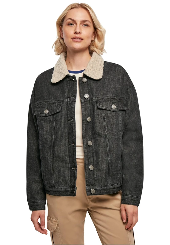 Urban Classics Women's Ladies Oversized Sherpa Denim Jacket, Black Washed, XS