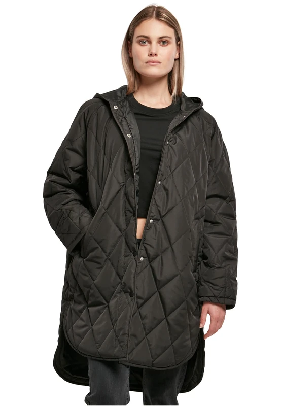 Urban Classics Women's Oversized Diamond Quilted Hooded Coat, Black, XS