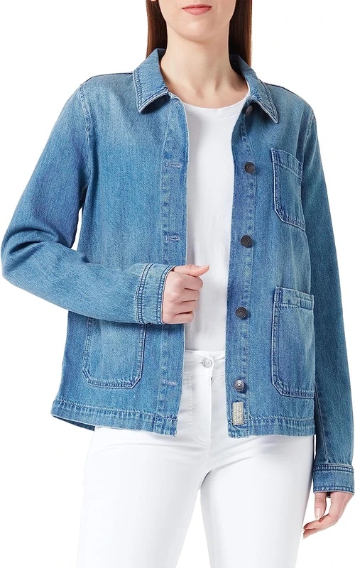 REPLAY Women's Denim Worker Jacket with Shirt Collar, Blue, 20