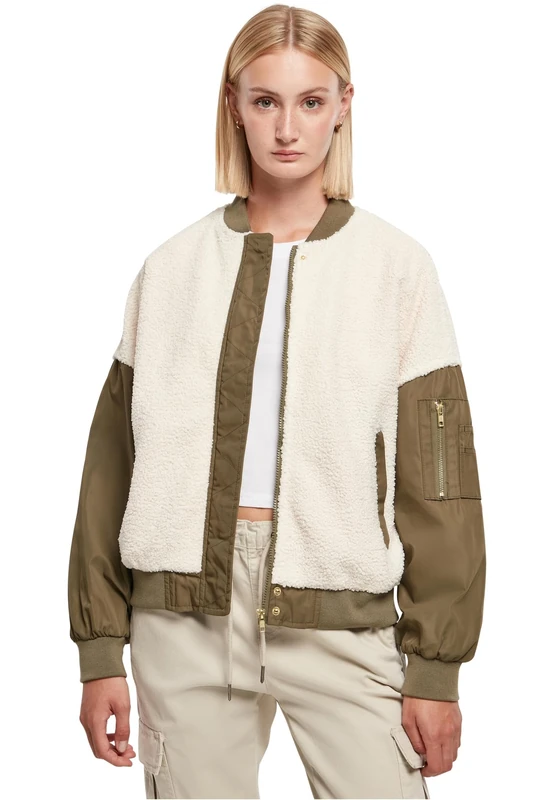 Urban Classics Women's Ladies Oversized Sherpa Mixed Bomber Jacket, Whitesand/Dark Olive, 5X-Large