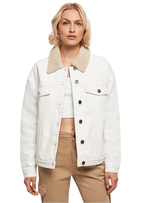 Urban Classics Women's Ladies Oversized Sherpa Denim Jacket, White raw, XXL