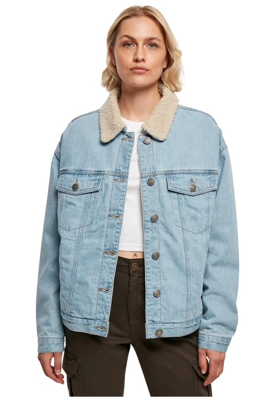 Urban Classics Women's Ladies Oversized Sherpa Denim Jacket, clearblue Bleached, XS