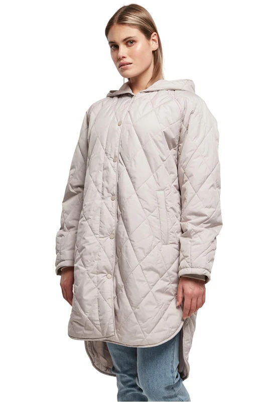 Urban Classics Women's Oversized Diamond Quilted Hooded Coat, Warm Grey, M - Image 1