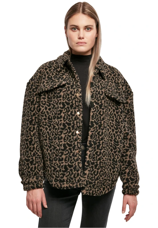 Urban Classics Women's Ladies AOP Sherpa Overshirt Shirt, Darktaupeleo, M