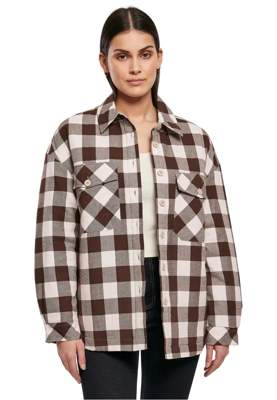 Urban Classics Women's Ladies Flanell Padded Overshirt Shirt, Pink/Brown, XXL