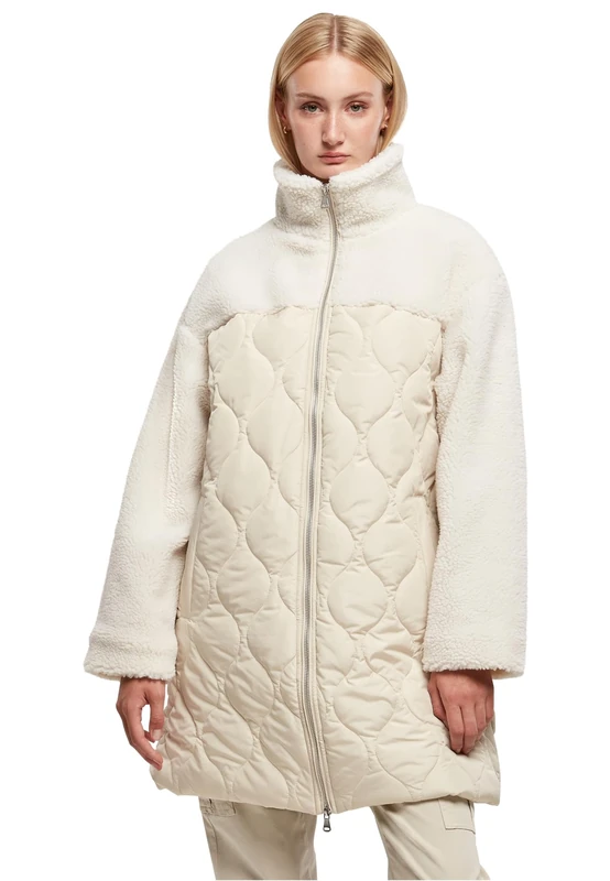 Urban Classics Women's Ladies Oversized Sherpa Quilted Coat, Softseagrass/White Sand, L