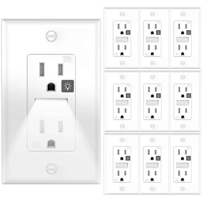 SOZULAMP White Outlets Receptacles with Night Light,Decorator Electrical Tamper Resistant Wall Outlet 15 Amp 125Volt, Guide Light Outlet with Covers Wall Plate(10 Pack)