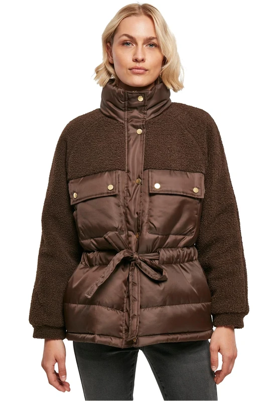Urban Classics Women's Ladies Sherpa Mix Puffer Jacket, Brown, S