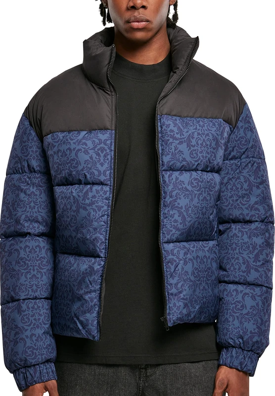 Urban Classics AOP Retro Puffer Jacket, Men's Buffer Jacket in Retro Pattern Mix in Regular Fit, Available in Two Colours, Sizes S-5XL, Dark Blue Damask Aop, M