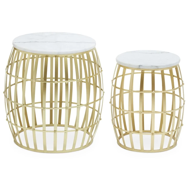 Premier Housewares Set of Two Round Table with White Marble and Gold Frame Handcrafted Coffee Tables 49 x 49 x 51