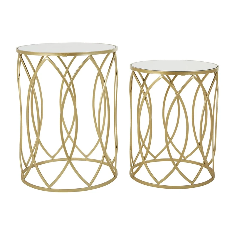 Premier Housewares Set of 2 Champagne Finish Side Tables, Lamp Tables, Champagne Finish, Sturdy Iron Frame, Openframe Structure, Round Reflective Mirrored Top, Dimensions are W43 x D43 x H55cm.