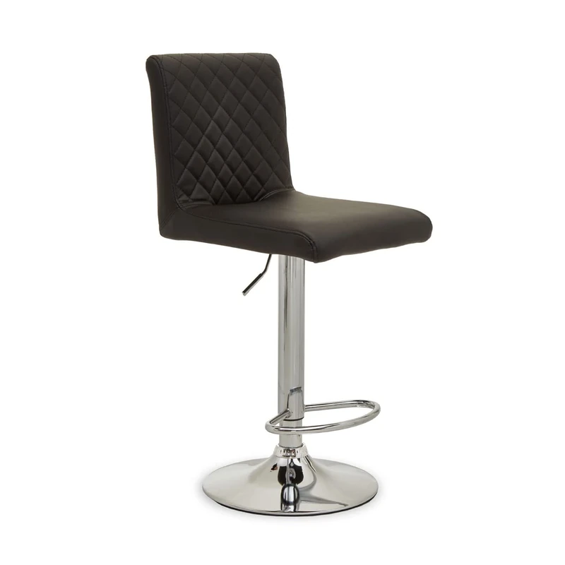 Premier Housewares Black And Chrome Bar Stool With Round Base, Black PU Upholstery, Diamond Pattern Tufted Back, Metallic Base Bar Stools, 360 Degree Swivel Function, W39 x D51 x H114cm.