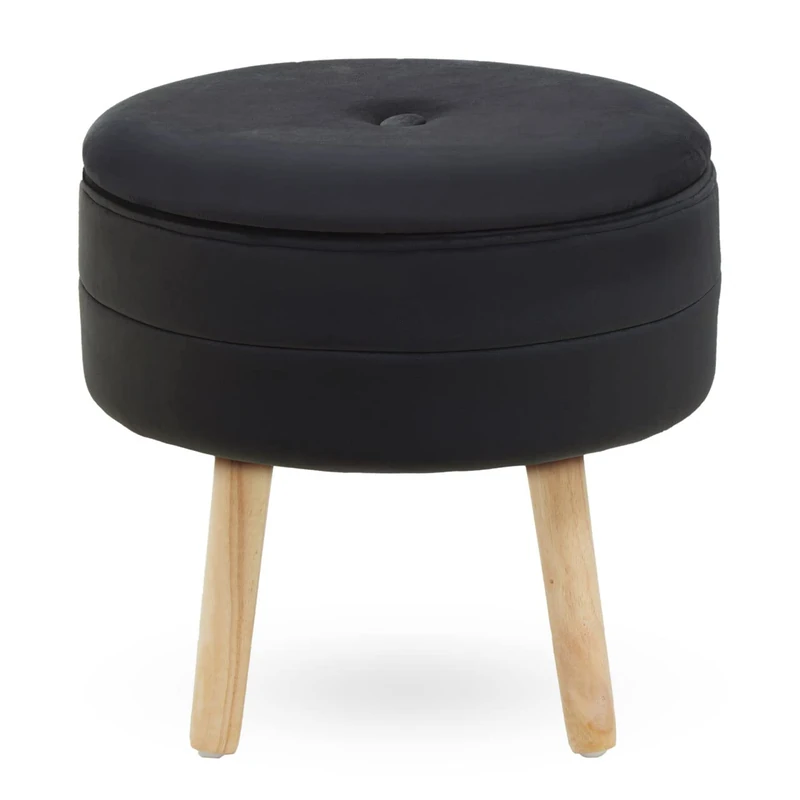 Premier Housewares Black Velvet Stool, Tapered Legs, Channel Detail, Luxe Design, Versatile Stool Chair, Black Velvet Upholstery, Storage Solution, Stool Dimensions W46 x D46 x H44cm.