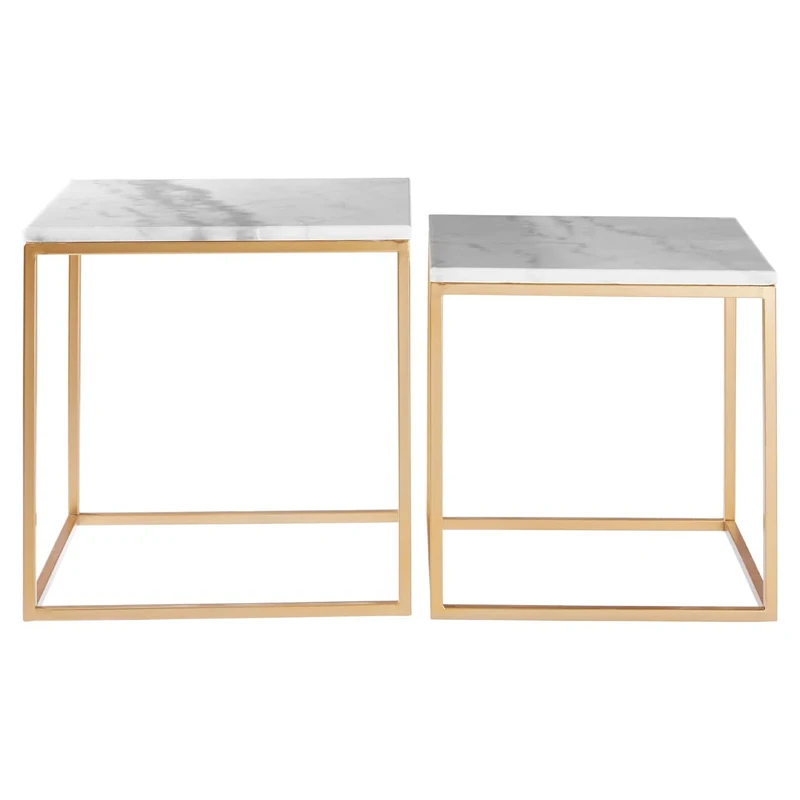 Premier Housewares Set of 2 Square Cuboid Side Tables, Lamp Tables, Warm Gold Finish, Sturdy Iron Cuboid Frame, Openframe Structure, Square White Marble Top, Dimensions are W50 x D50 x H46cm.