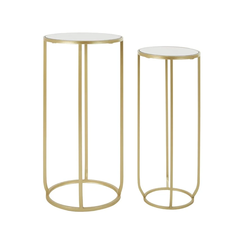 Premier Housewares Set of 2 Tall Side Tables, Lamp Tables, Gold Finish, Sturdy Iron Frame, Openframe Structure, Round Mirrored Top, Dimensions are W33 x D33 x H70cm.