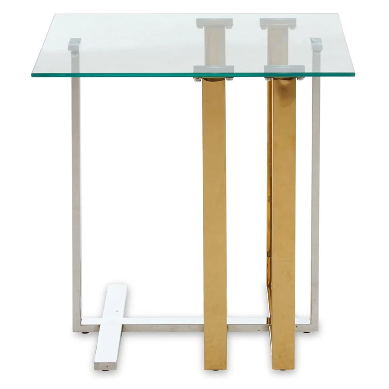 Premier Housewares End Table/Sturdy Stainless Steel/Clean Intersecting Lines/Bedside Tables/Gold and Silver Finish/Small Table/Clear Tempered Glass Top/Dimensions are W55 x D55 x H55cm.