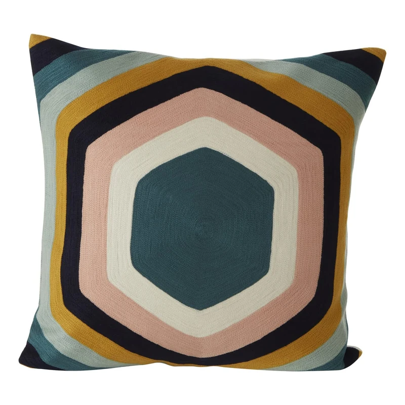 Premier Housewares Hexagonal Design Cushion, Unique Textile, Sofa Cushions, Embroidered Pattern, Contemporary Accent Piece, Vibrant Colors, Retro Vibe, W45 x D45 x H3cm