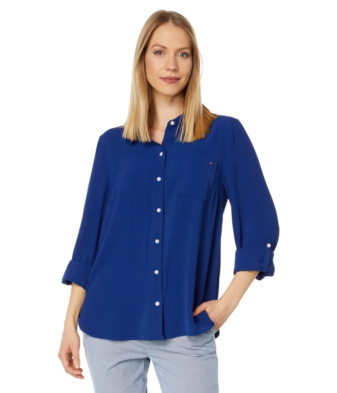 Tommy Hilfiger Women's Roll Tab Aero Button Down Shirt, Deep Sea Blue, XS - Image 1