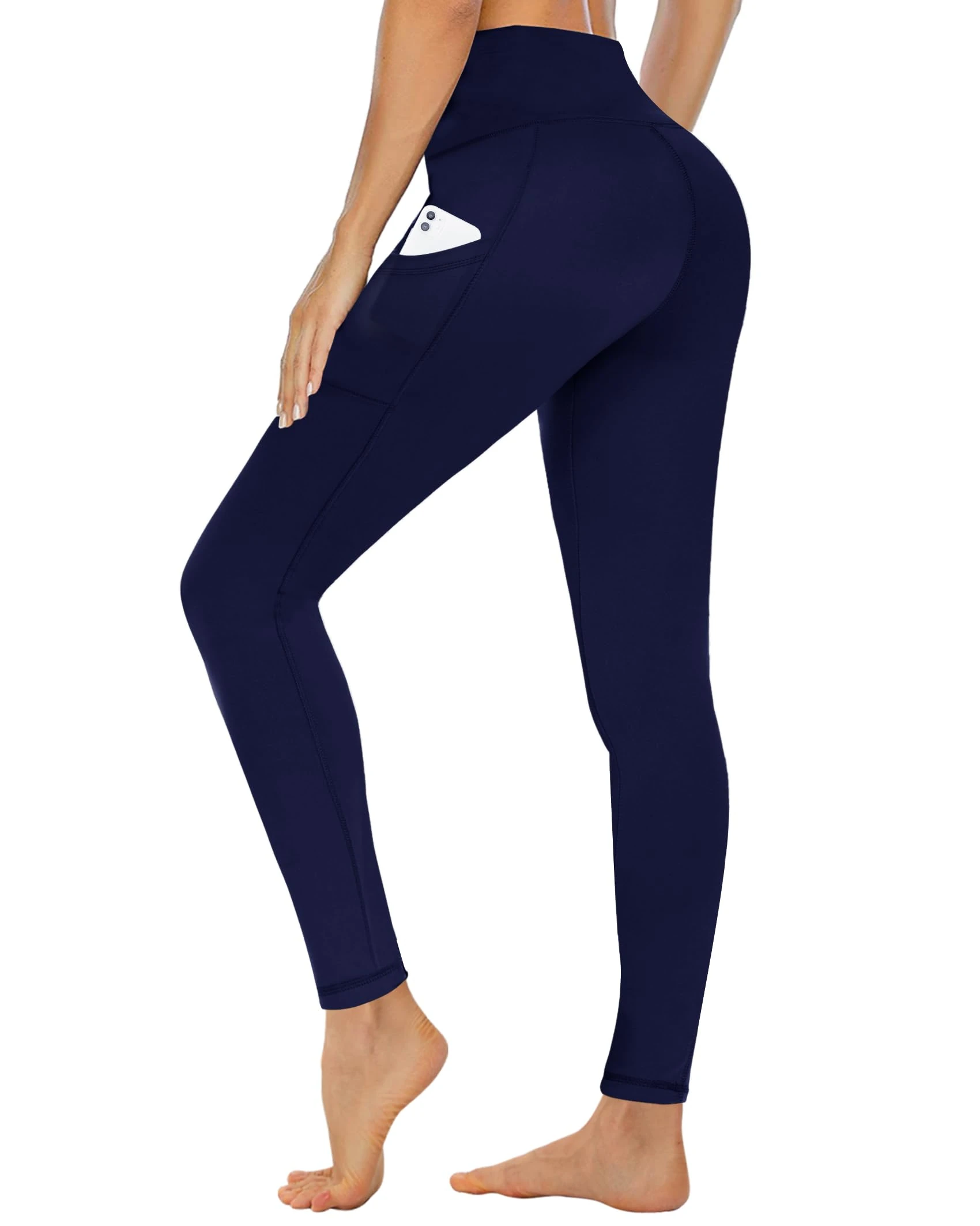 CAMPSNAIL Leggings for Women UK with Pockets High Waisted Ladies Black Sport Stretchy Gym Trousers Running Soft Tummy Control Yoga Pants Workout Hiking(Navy,L/XL)