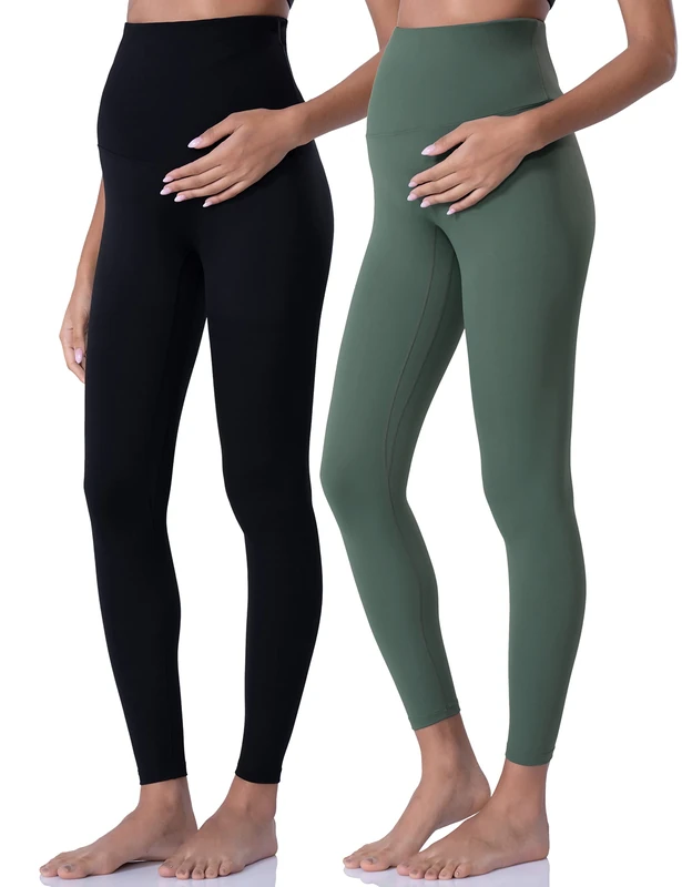 POSHDIVAH Women's Maternity Leggings Over The Belly Pregnancy Yoga Pants Active Wear Workout Leggings, Black Crab Green, M