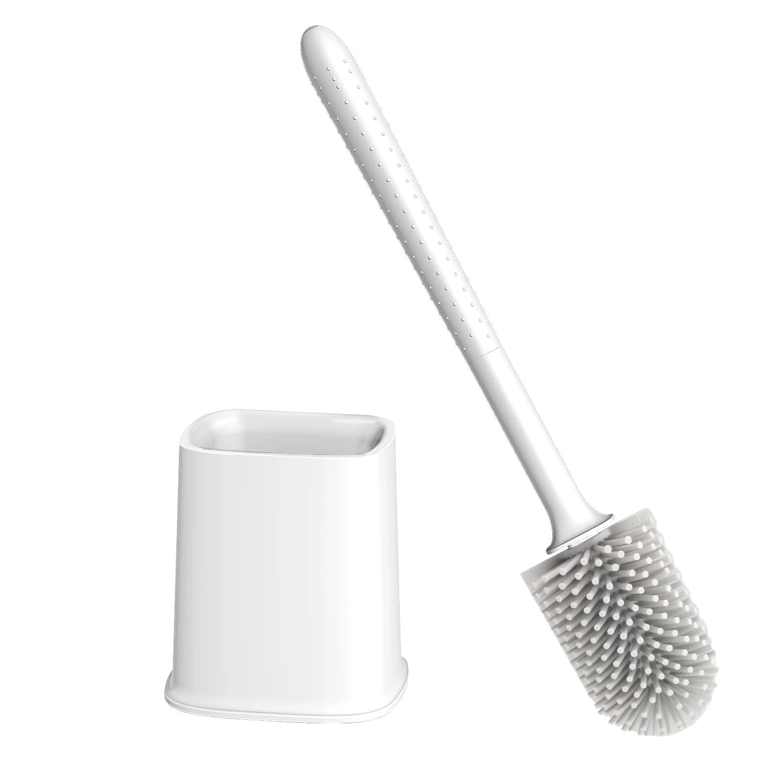 Canvint Silicone Toilet Brush With Holder Set, Dead Corner Deep Cleaning, Quick Drying, Flexible No-Slip Long Plastic Handle for Bathroom (White)