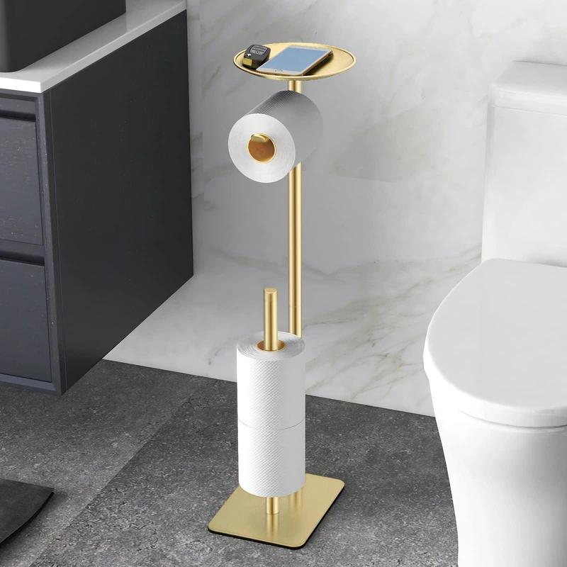 FEILERN Toilet Paper Holder Stand for Bathroom Floor Standing Toilet Roll Dispenser Storages 4 Reserve Rolls, with Top Storage Shelf for Cell Phones, Wipe, Wallet and More(Gold)