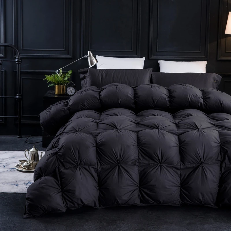 Three Geese Pinch Pleat Goose Feathers Down Comforter for All Seasons Palatial King Size Duvet Insert,750+ Fill Power,1200TC 100% Cotton Fabric, Black Gray with 8 Tabs,Palatial King:120x98inches