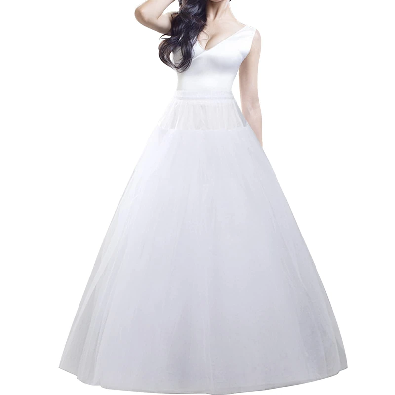 MeiLiMiYu Hoopless Petticoat Crinoline Underskirt Skirt 6 Layers Floor Length Ball Gown Petticoat Underskirt Slip for Wedding Dress, White, One size-L