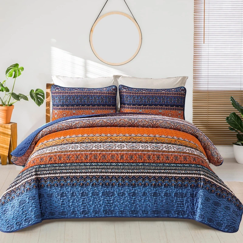 WONGS BEDDING Boho Fall Quilt King Size, Blue and Orange Bohemian King Quilt, Lightweight Microfiber Bed Decor Bedspread for All Season 103"x90"(3 Pieces)