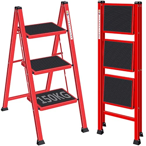 KINGRACK 3 Step Ladder, Folding Ladder with Non-Slip and Wide Pedal, Folding Step Stool for Adults, Lightweight and Portable Step Ladder, Red