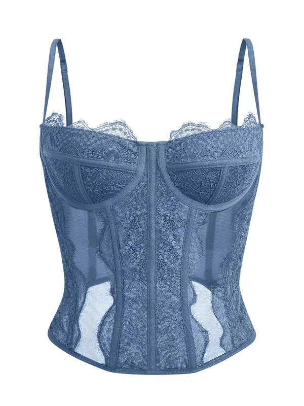Dealmore Womens Summer Lace Bustier Mesh Sexy Vintage Spaghetti Strap Open Back Boned Corset Going Out Party Crop Top, Blue, Small