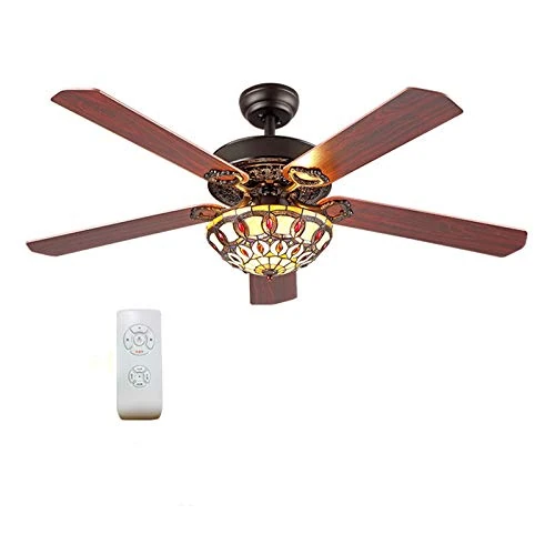52 Inch Tiffany Ceiling Fan with 3 Lights and Remote Control, Traditional Low Profile Wooden Ceiling Fans, 5-Reversible Blades Mid-Century LED Ceiling Fan, for Living room, Bedroom, Kitchen