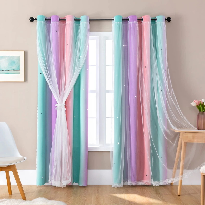 XiDi Blackout Curtains for Girls Bedroom Kids Room Unicorn Wall Decor Ombre Curtain Princess Theme Home Decor 72 inches Length Colorful Rainbow Design 52 Wide 2 Panel Sets Pink/Purple/Green