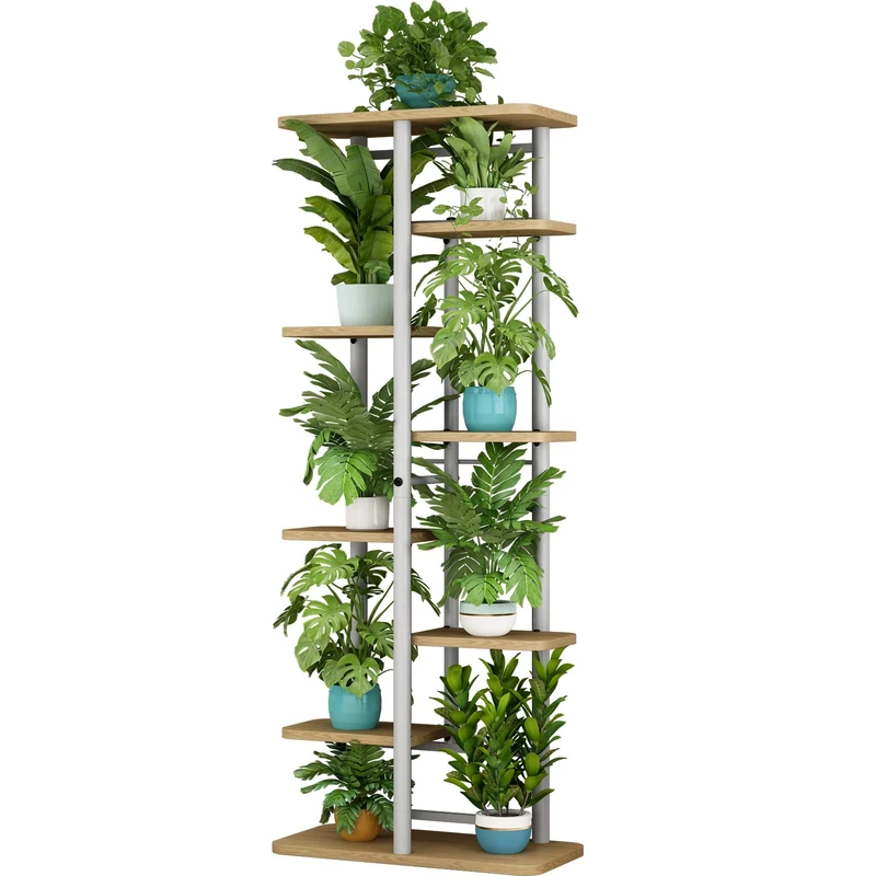 LINZINAR 8 Tier 9 Potted Plant Stand Indoor Outdoor Planter Rack Storage Organizer for Patio Garden Corner Balcony Living Room (White)
