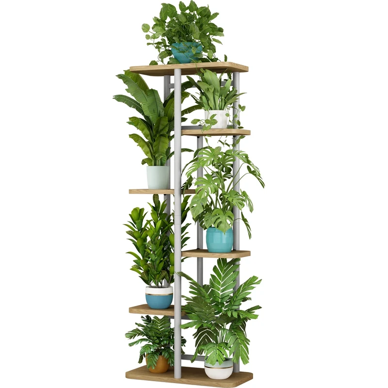 LINZINAR Plant Stand 6 Tier 7 Potted Multiple Flower Pot Holder Shelf Indoor Outdoor Planter Display Shelving for Patio Garden Corner Balcony Living Room (6 Tier-7 Potted, White)