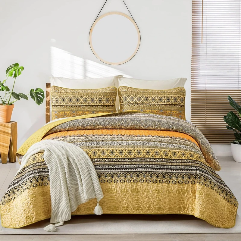 WONGS BEDDING Yellow Orange Bohemian King Quilt, Boho Quilt King Size, Lightweight Microfiber Bed Decor Bedspread for All Season 103"x90"(3 Pieces)